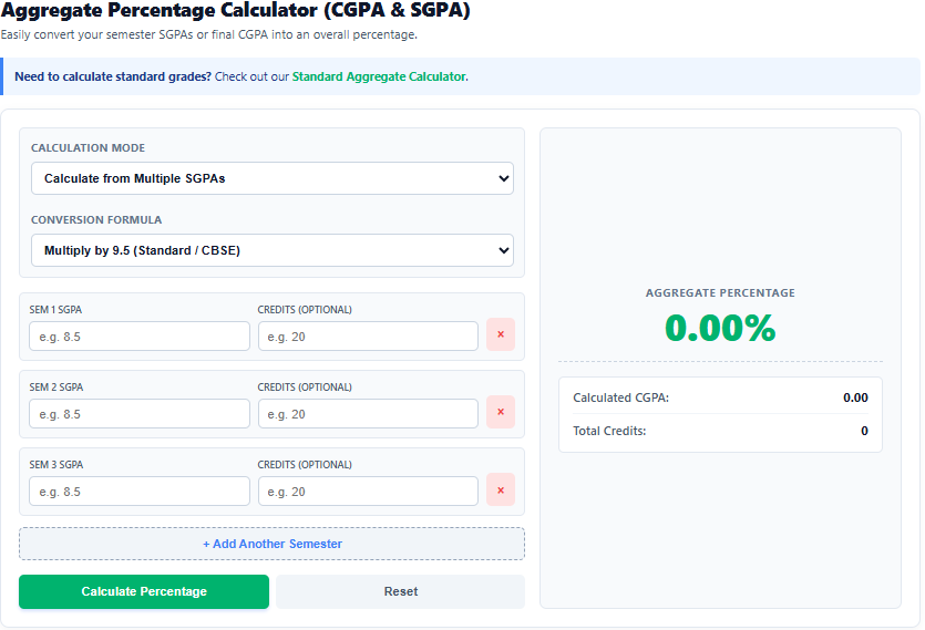 Aggregate Percentage Calculator From Cgpa & Sgpa