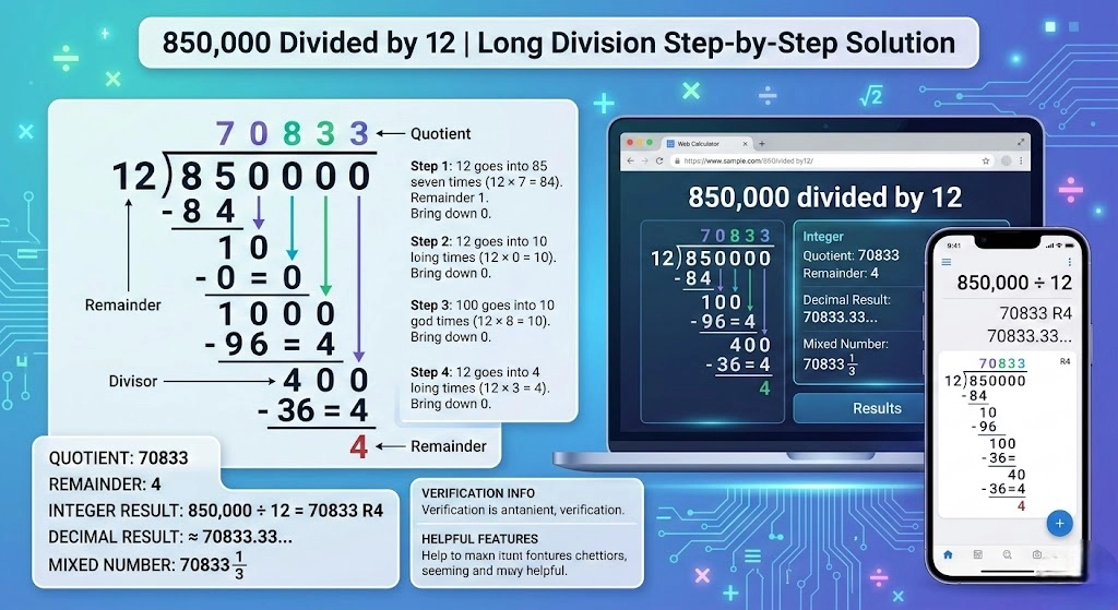 850000 Divided by 12 | Long Division Step-by-Step Solution