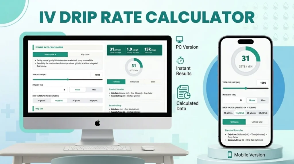 IV Drip Rate Calculator (Volume, Time & Drop Factor)